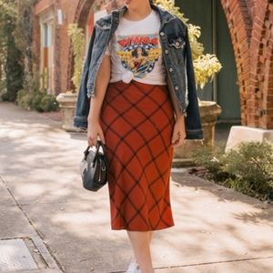 Modcloth Orange and Navy Plaid Midi Slip Skirt